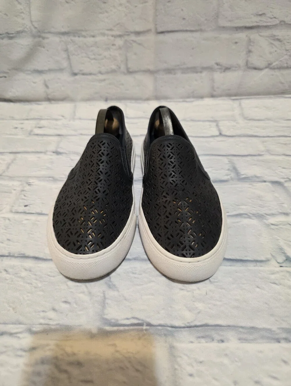 Tory Burch Navy Laser-Cut Slip-On Sneakers with White Sole
